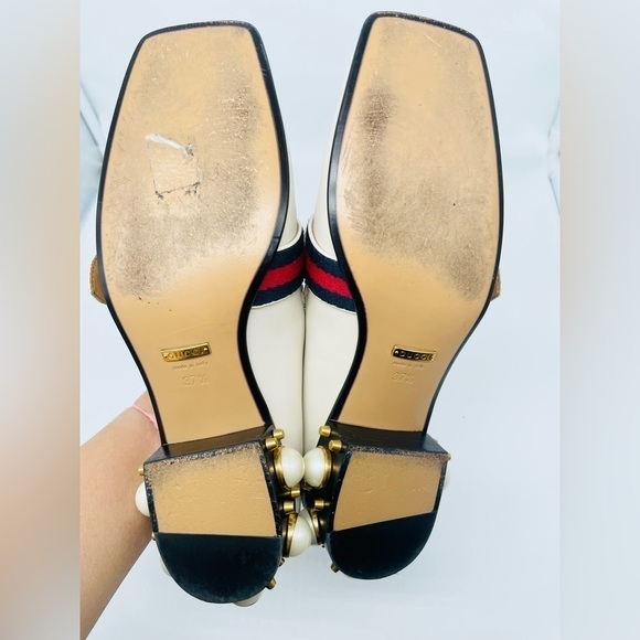 GUCCI Peyton Pearl GG Embellished Web White Cream Leather low heel loafers 37.5 - Picture 9 of 12